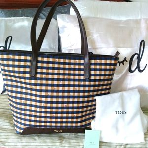 TOUS Blue Tan Gingham Weekender Purse Tote Bag.